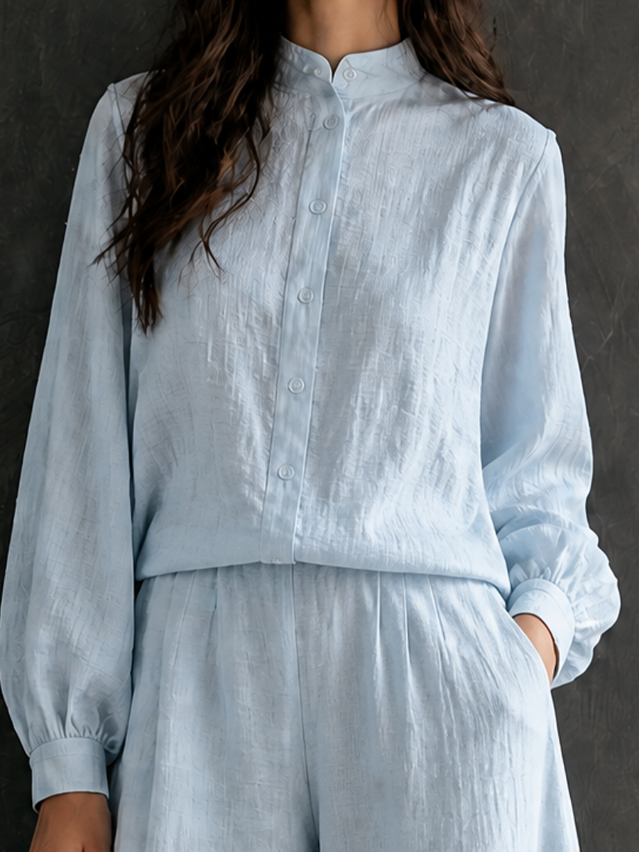 Women's Vacation Cotton Linen Stand-Collar Wide-Leg Pants Set MDZ1041H4GMJ