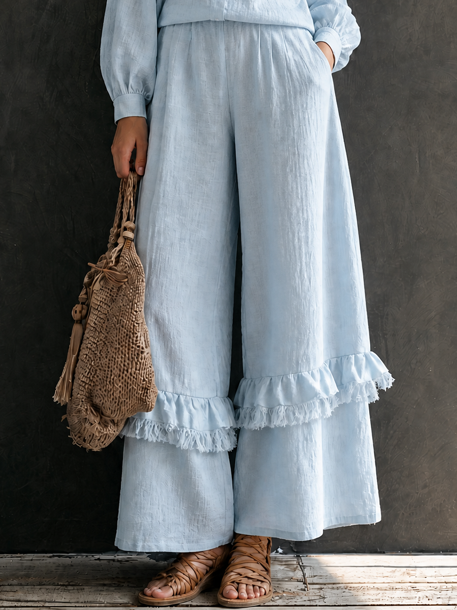 Women's Vacation Cotton Linen Stand-Collar Wide-Leg Pants Set MDZ1041H4GMJ