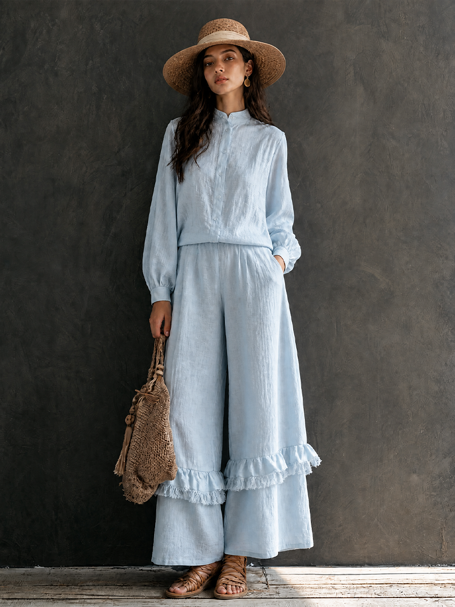 Women's Vacation Cotton Linen Stand-Collar Wide-Leg Pants Set MDZ1041H4GMJ