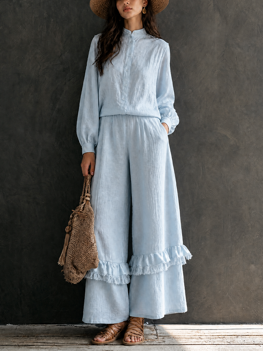 Women's Vacation Cotton Linen Stand-Collar Wide-Leg Pants Set MDZ1041H4GMJ