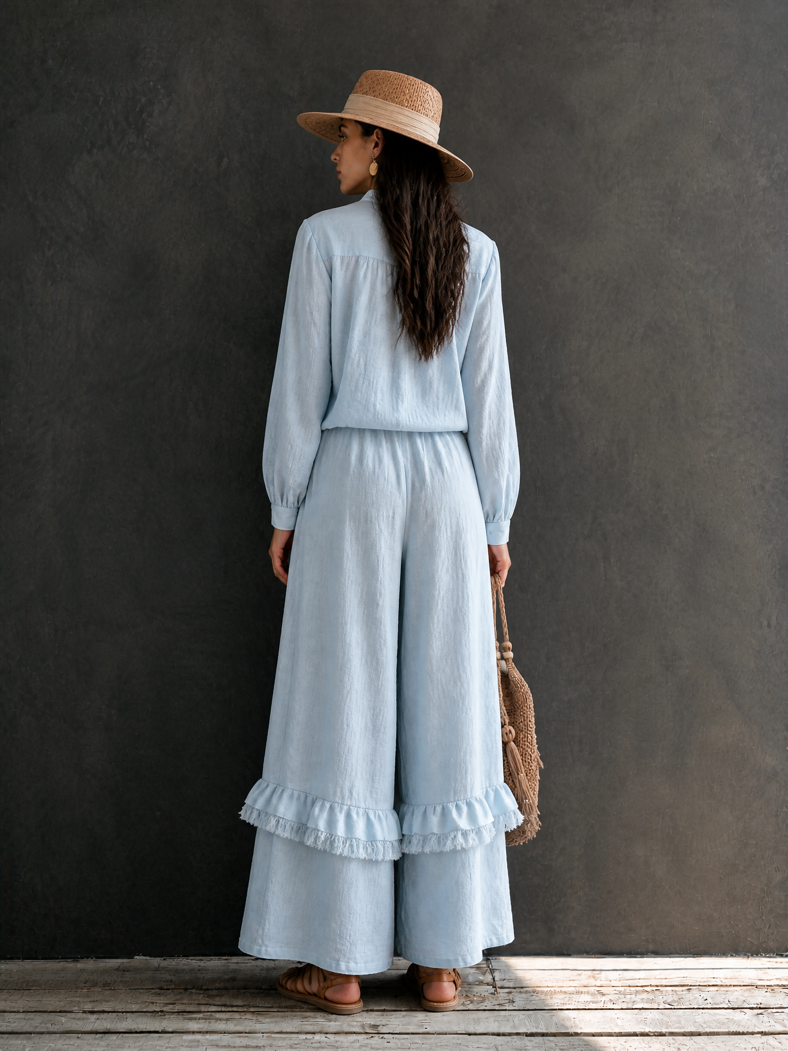 Women's Vacation Cotton Linen Stand-Collar Wide-Leg Pants Set MDZ1041H4GMJ