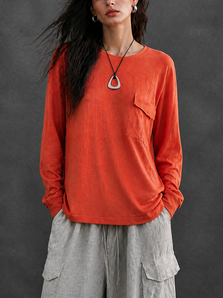 Women's Casual Cotton Blend Crewneck Pocket Long-Sleeve T-Shirt MDZ1039H3GMJ