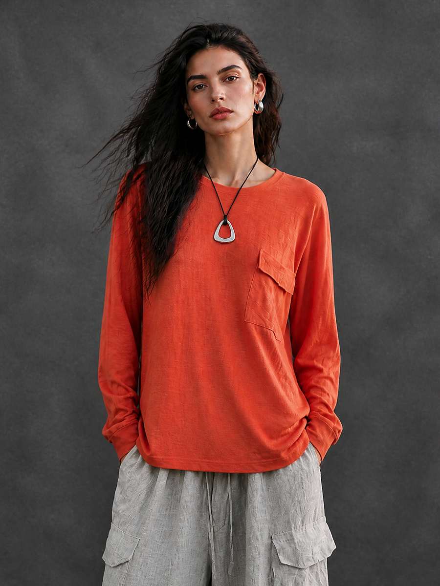 Women's Casual Cotton Blend Crewneck Pocket Long-Sleeve T-Shirt MDZ1039H3GMJ