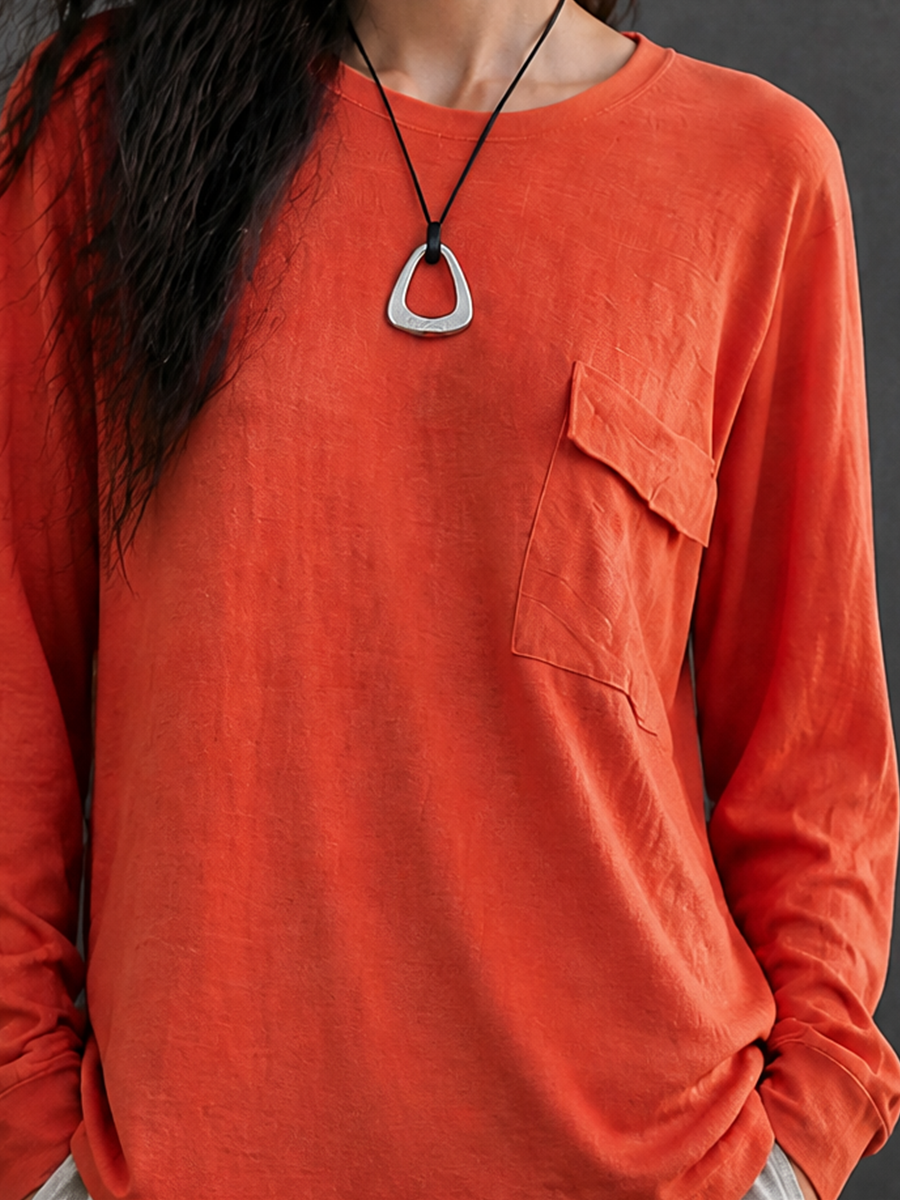 Women's Casual Cotton Blend Crewneck Pocket Long-Sleeve T-Shirt MDZ1039H3GMJ