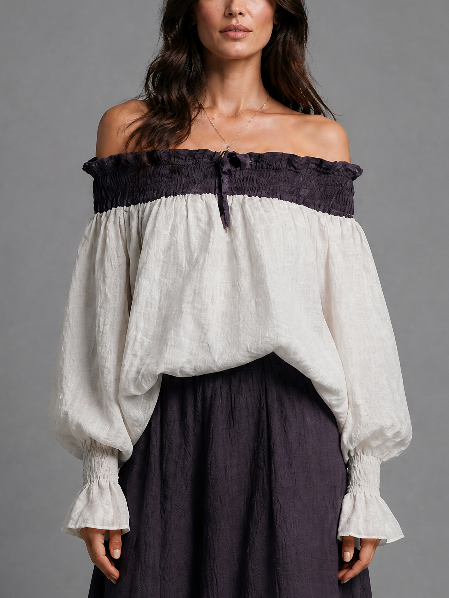 Women's Color-blocked Romantic Cotton And Linen Off-shoulder Top MDZ1006H1GMJ