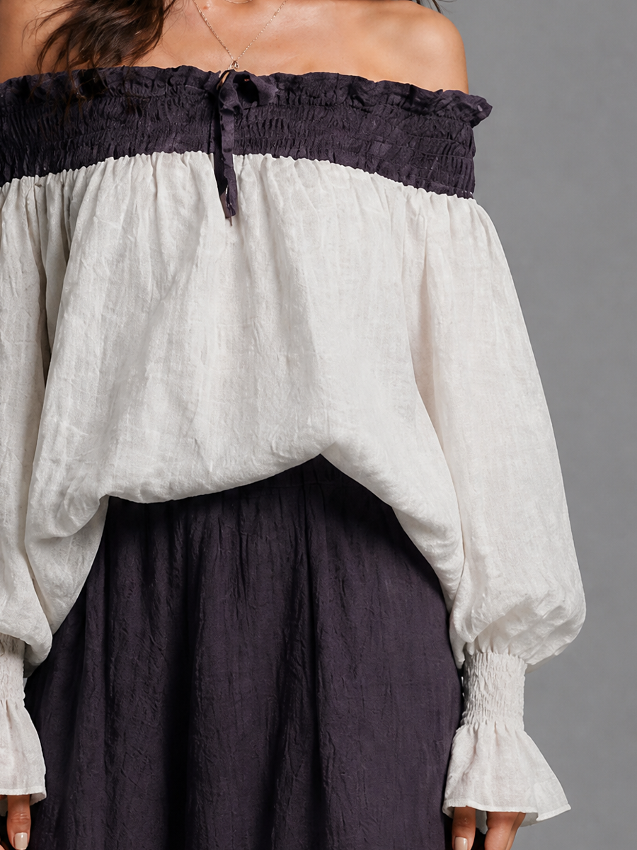 Women's Color-blocked Romantic Cotton And Linen Off-shoulder Top MDZ1006H1GMJ