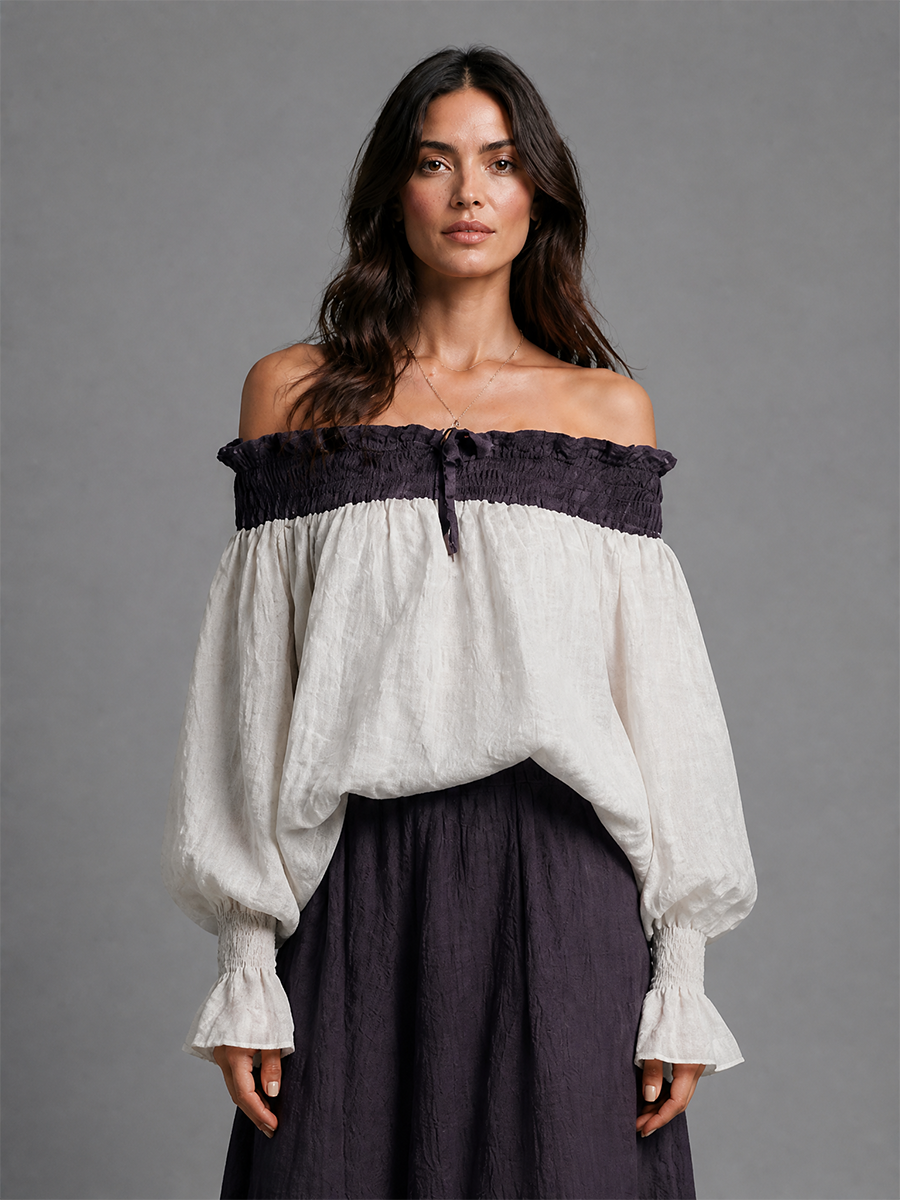 Women's Color-blocked Romantic Cotton And Linen Off-shoulder Top MDZ1006H1GMJ