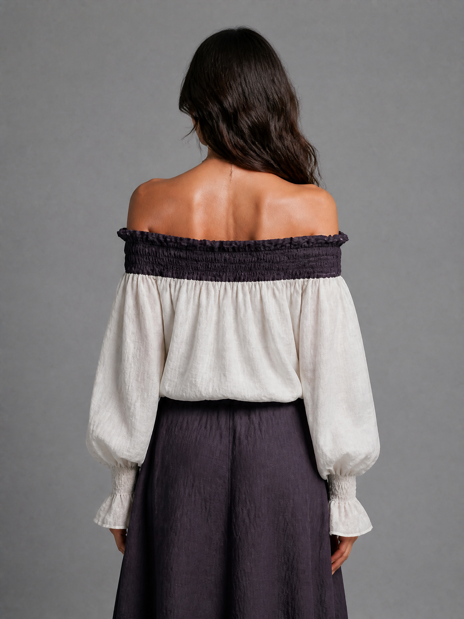 Women's Color-blocked Romantic Cotton And Linen Off-shoulder Top MDZ1006H1GMJ