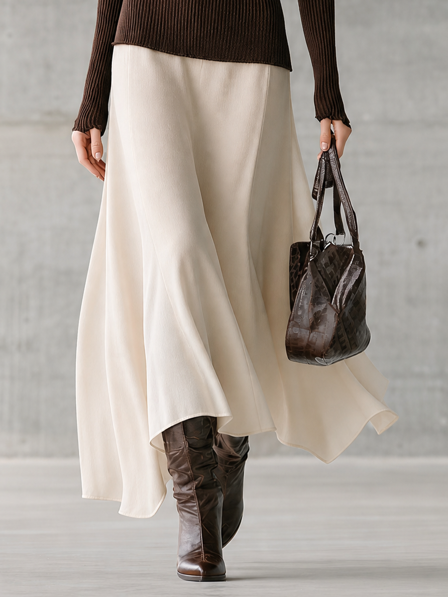 Women's Cutout Turtleneck Colorblock Brown Maxi Skirt Set MDZ1066H1YZJ