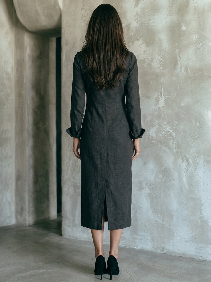Women's Cotton-Linen Midi Dress With Asymmetric Button Detail & Round Neck MDZ1148H6ZRK
