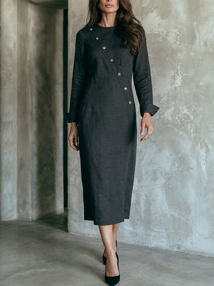 Women's Cotton-Linen Midi Dress With Asymmetric Button Detail & Round Neck MDZ1148H6ZRK