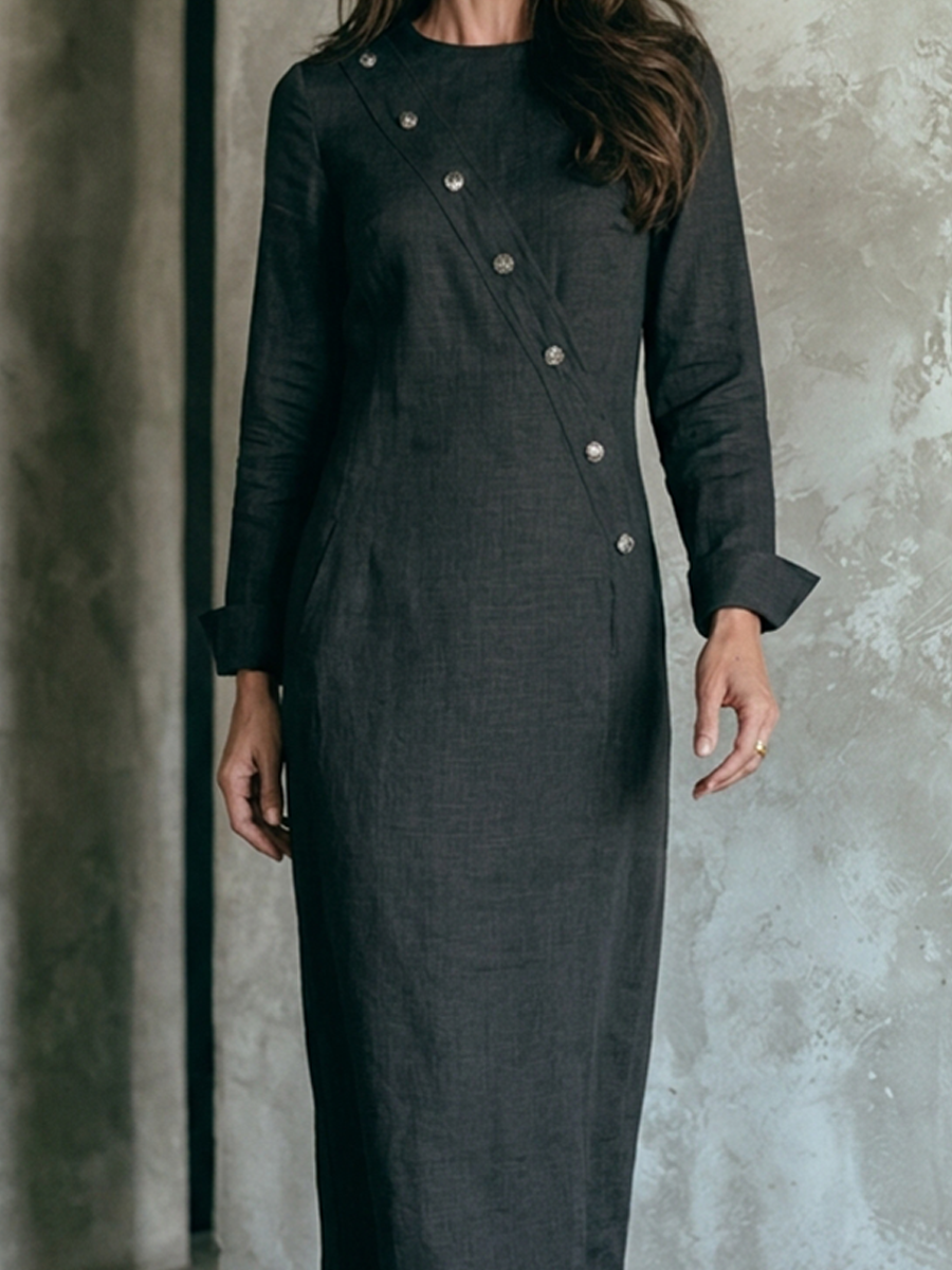Women's Cotton-Linen Midi Dress With Asymmetric Button Detail & Round Neck MDZ1148H6ZRK