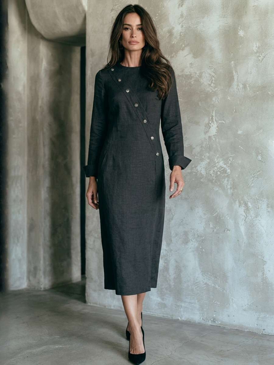 Women's Cotton-Linen Midi Dress With Asymmetric Button Detail & Round Neck MDZ1148H6ZRK