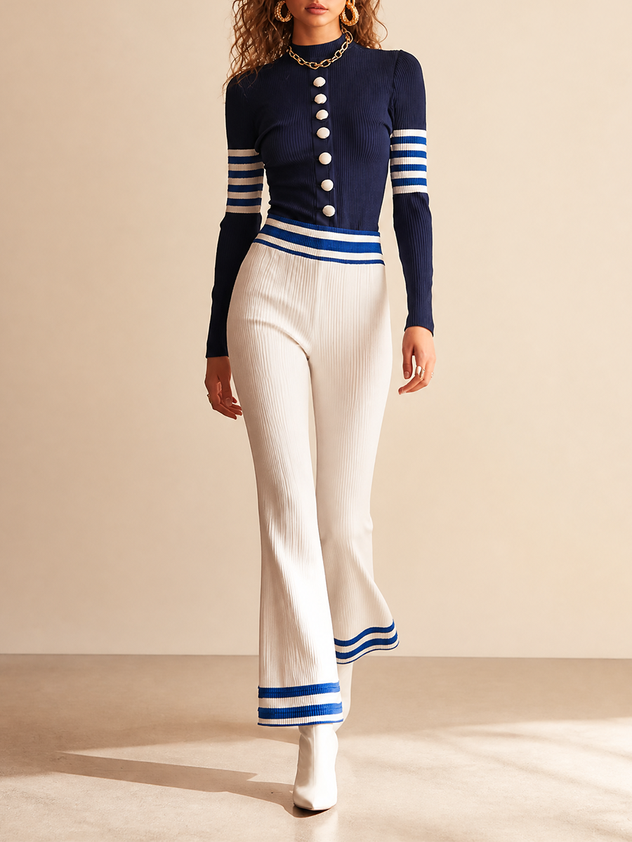 Women's Vintage Elegant Mock-Neck Button-Front Contrast-Stripe Slim Top & High-Waisted Flared Trouser Set MDZ1138H5CMX