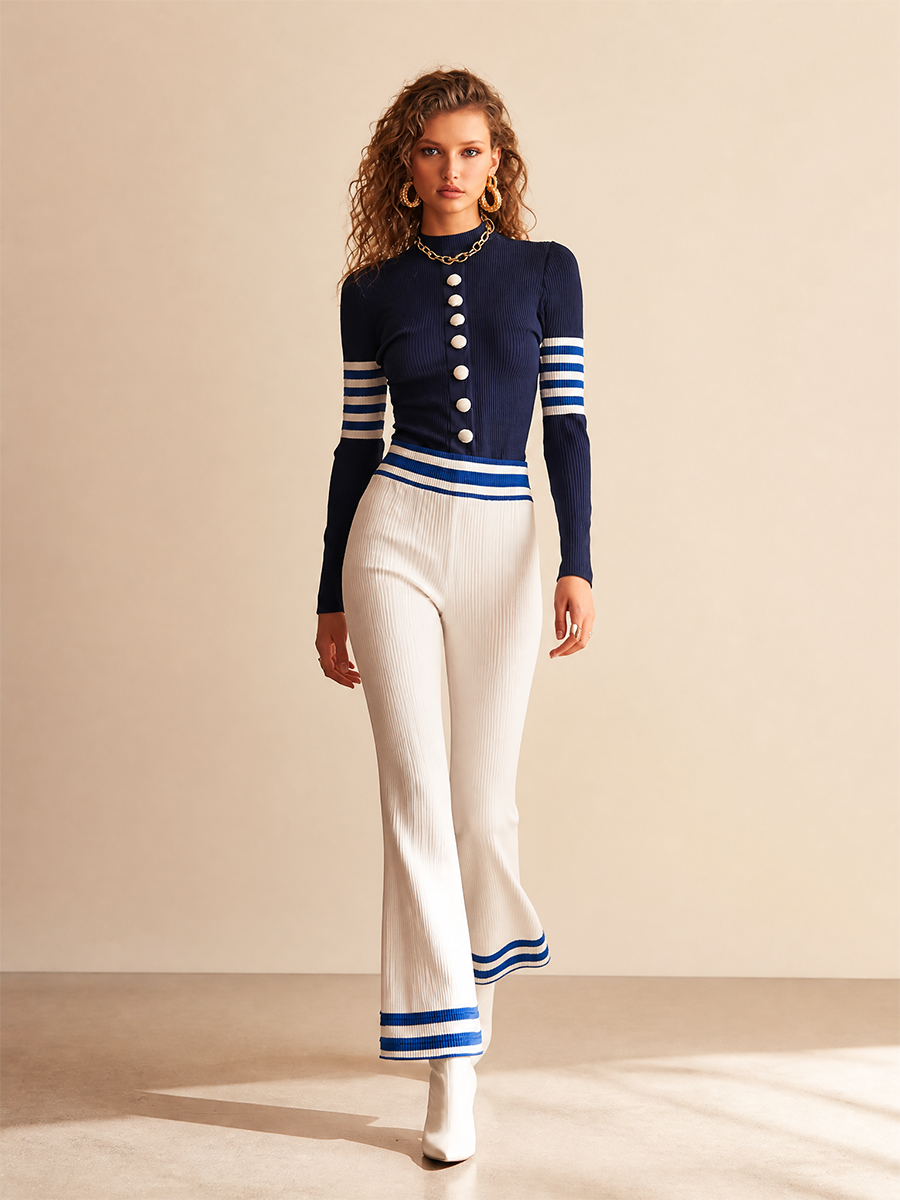Women's Vintage Elegant Mock-Neck Button-Front Contrast-Stripe Slim Top & High-Waisted Flared Trouser Set MDZ1138H5CMX