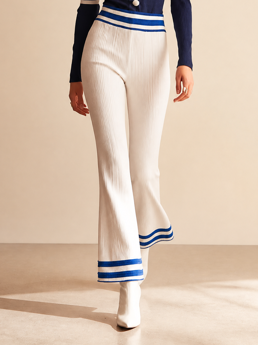 Women's Vintage Elegant Mock-Neck Button-Front Contrast-Stripe Slim Top & High-Waisted Flared Trouser Set MDZ1138H5CMX