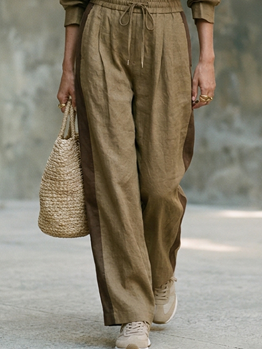 Women's Stand-Collar Color-Block Cropped Jacket & Wide-Leg Cotton-Linen Set MDZ1138H6ZRK