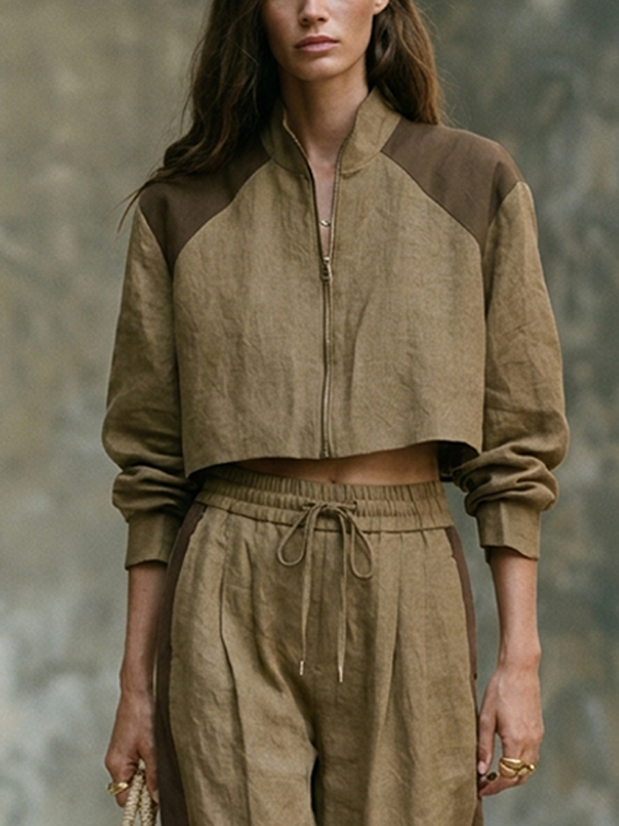 Women's Stand-Collar Color-Block Cropped Jacket & Wide-Leg Cotton-Linen Set MDZ1138H6ZRK
