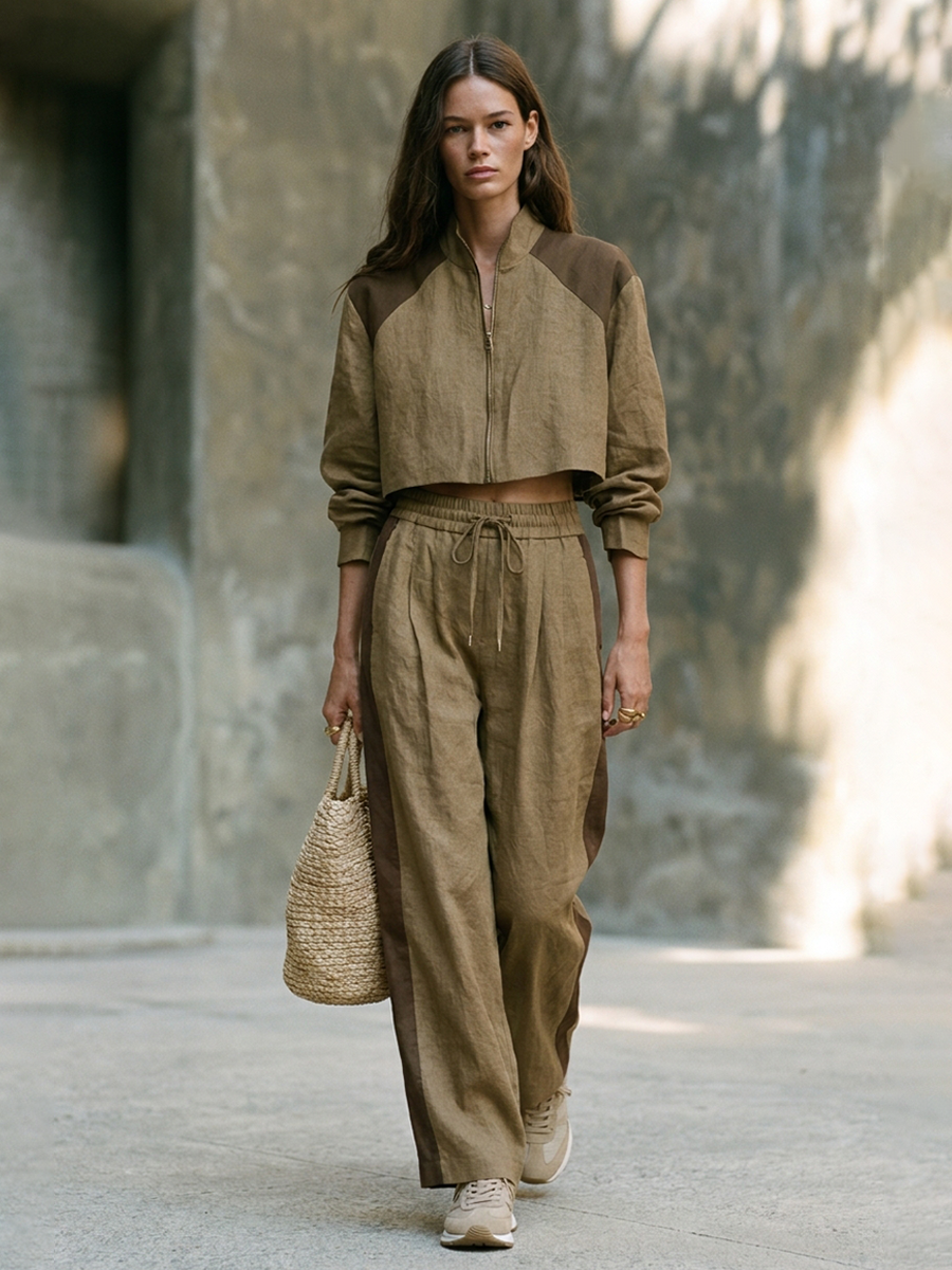 Women's Stand-Collar Color-Block Cropped Jacket & Wide-Leg Cotton-Linen Set MDZ1138H6ZRK