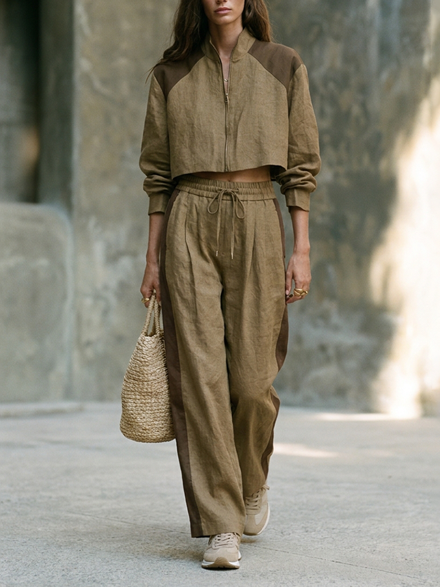 Women's Stand-Collar Color-Block Cropped Jacket & Wide-Leg Cotton-Linen Set MDZ1138H6ZRK