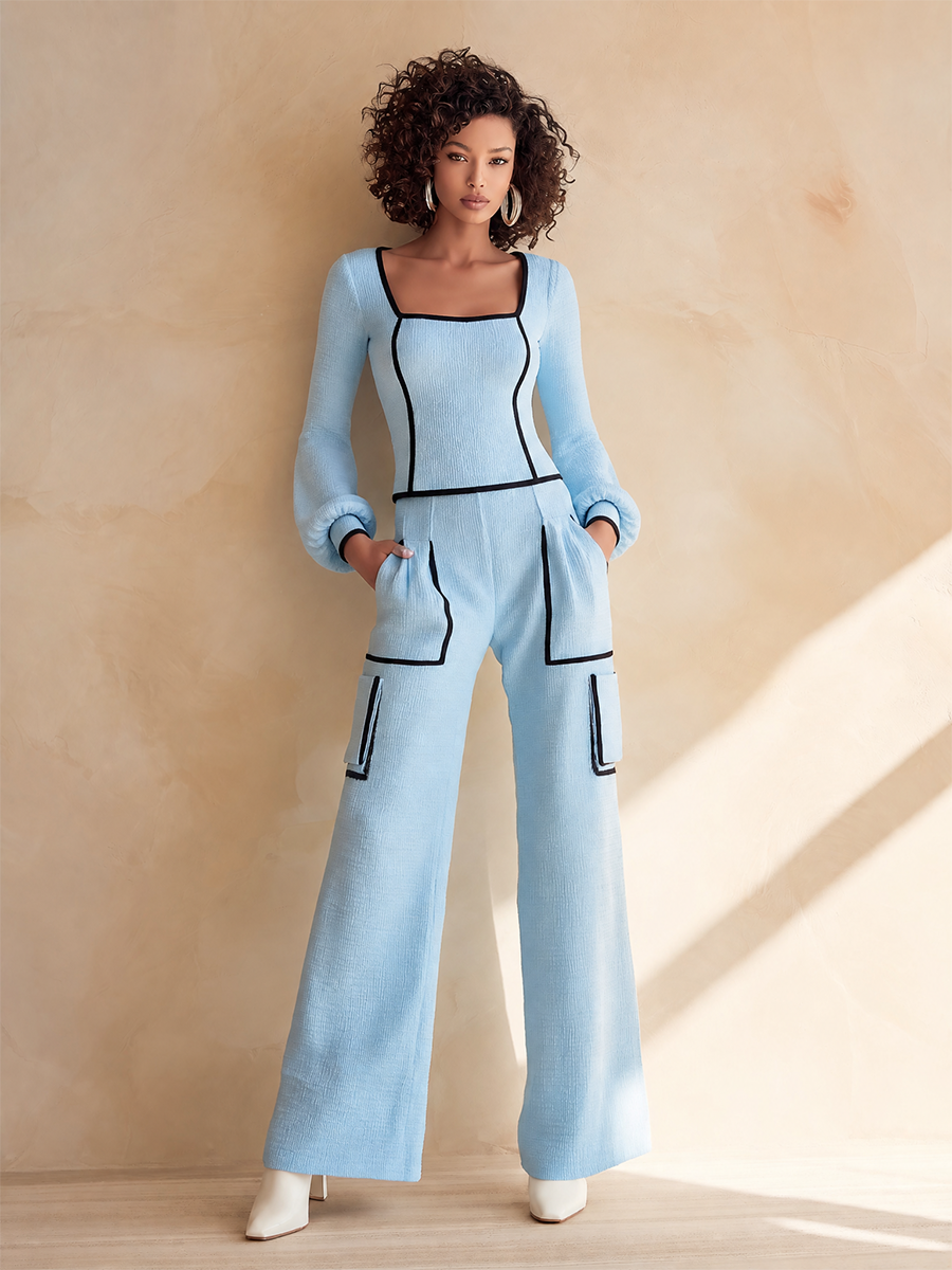 Women's Elegant Black-Trim Square-Neck Blouson-Sleeve Top & High-Waisted Cargo Wide-Leg Trouser Set MDZ1119H0CMX