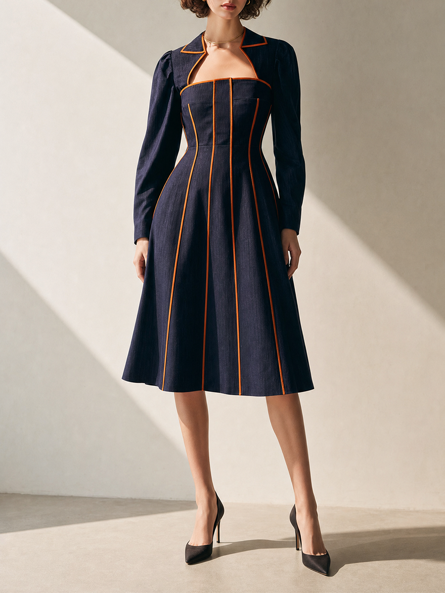 Women's Elegant Contrast-Piping Square-Neck Long-Sleeve Belted A-Line Midi Dress MDZ1198H6CMX