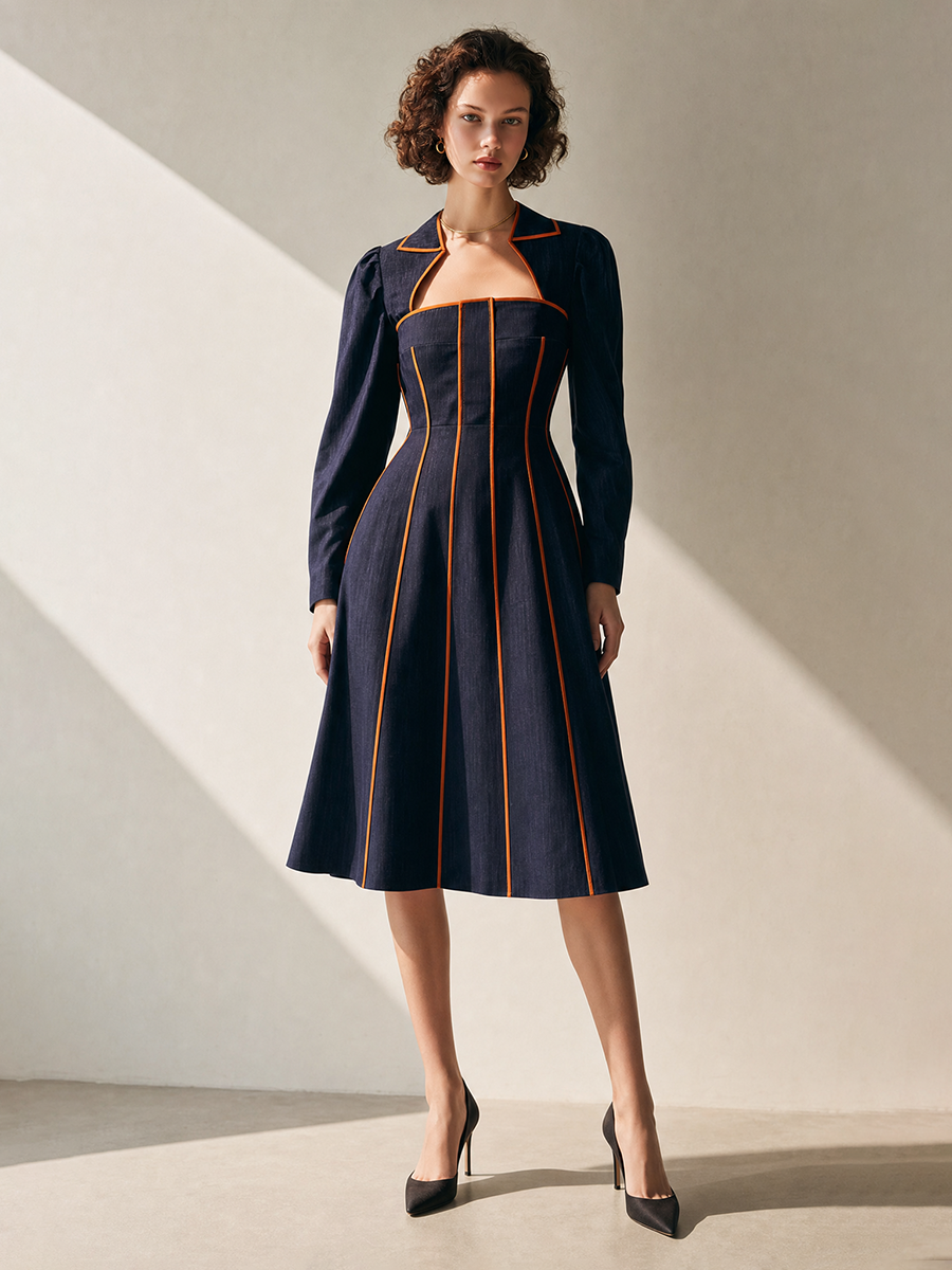 Women's Elegant Contrast-Piping Square-Neck Long-Sleeve Belted A-Line Midi Dress MDZ1198H6CMX