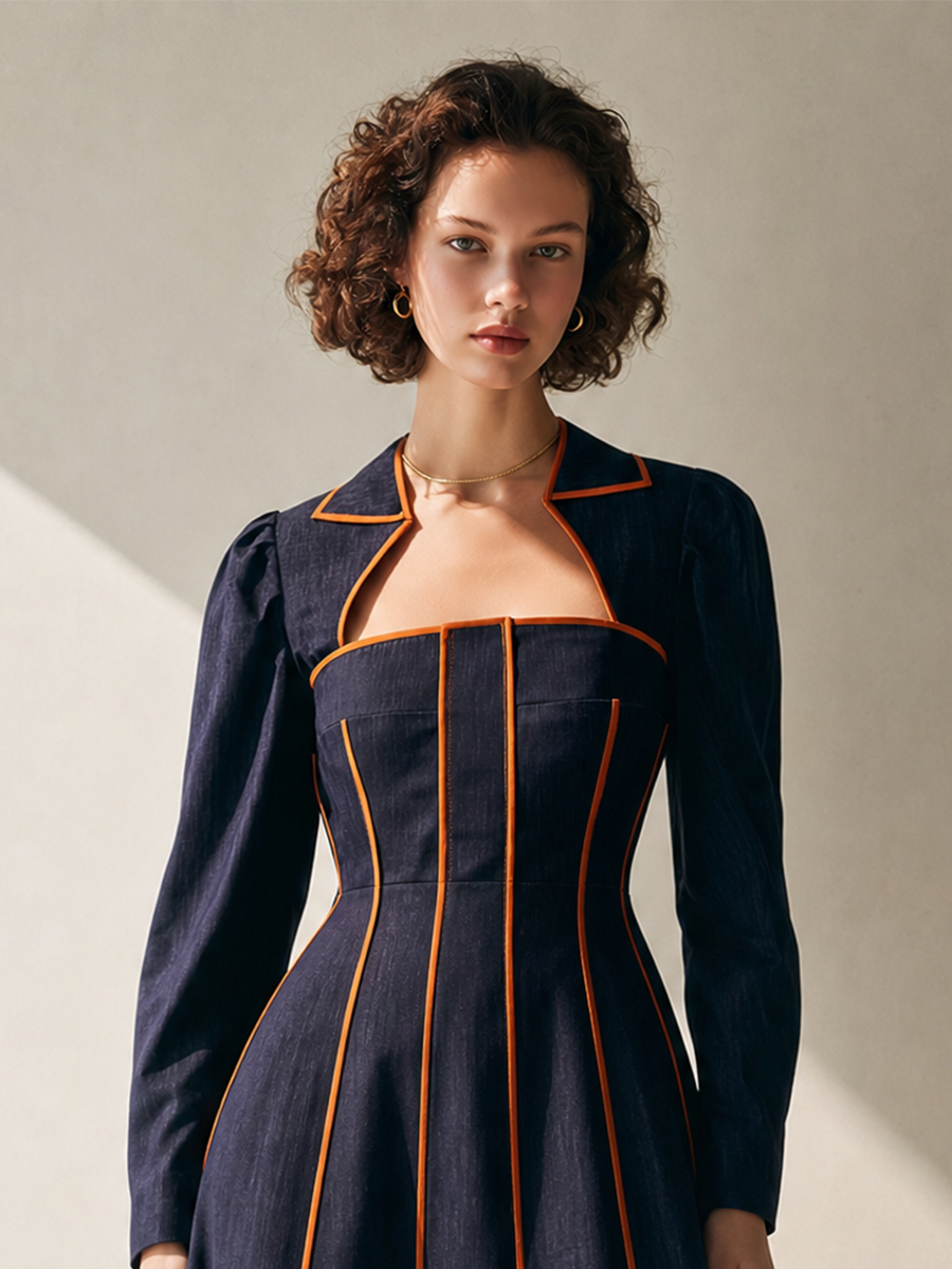 Women's Elegant Contrast-Piping Square-Neck Long-Sleeve Belted A-Line Midi Dress MDZ1198H6CMX