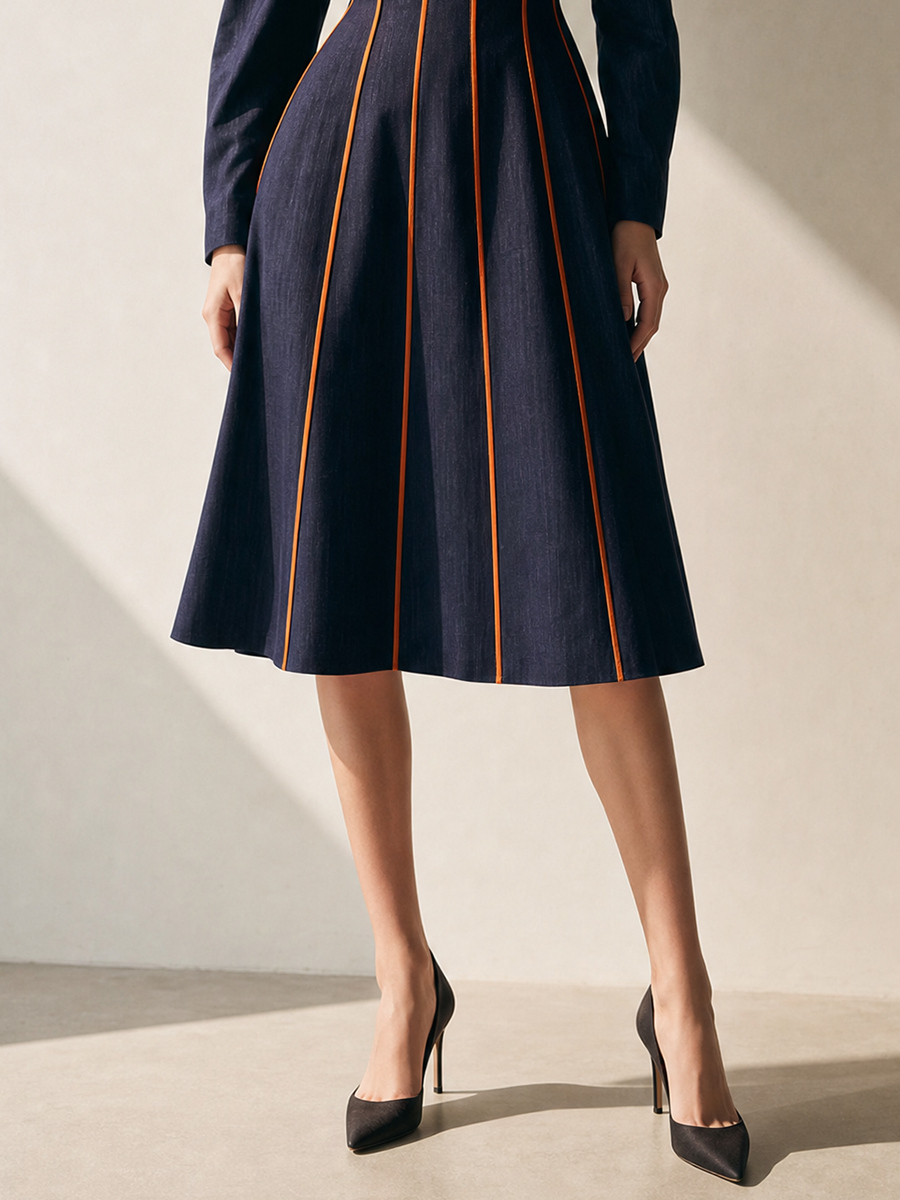 Women's Elegant Contrast-Piping Square-Neck Long-Sleeve Belted A-Line Midi Dress MDZ1198H6CMX