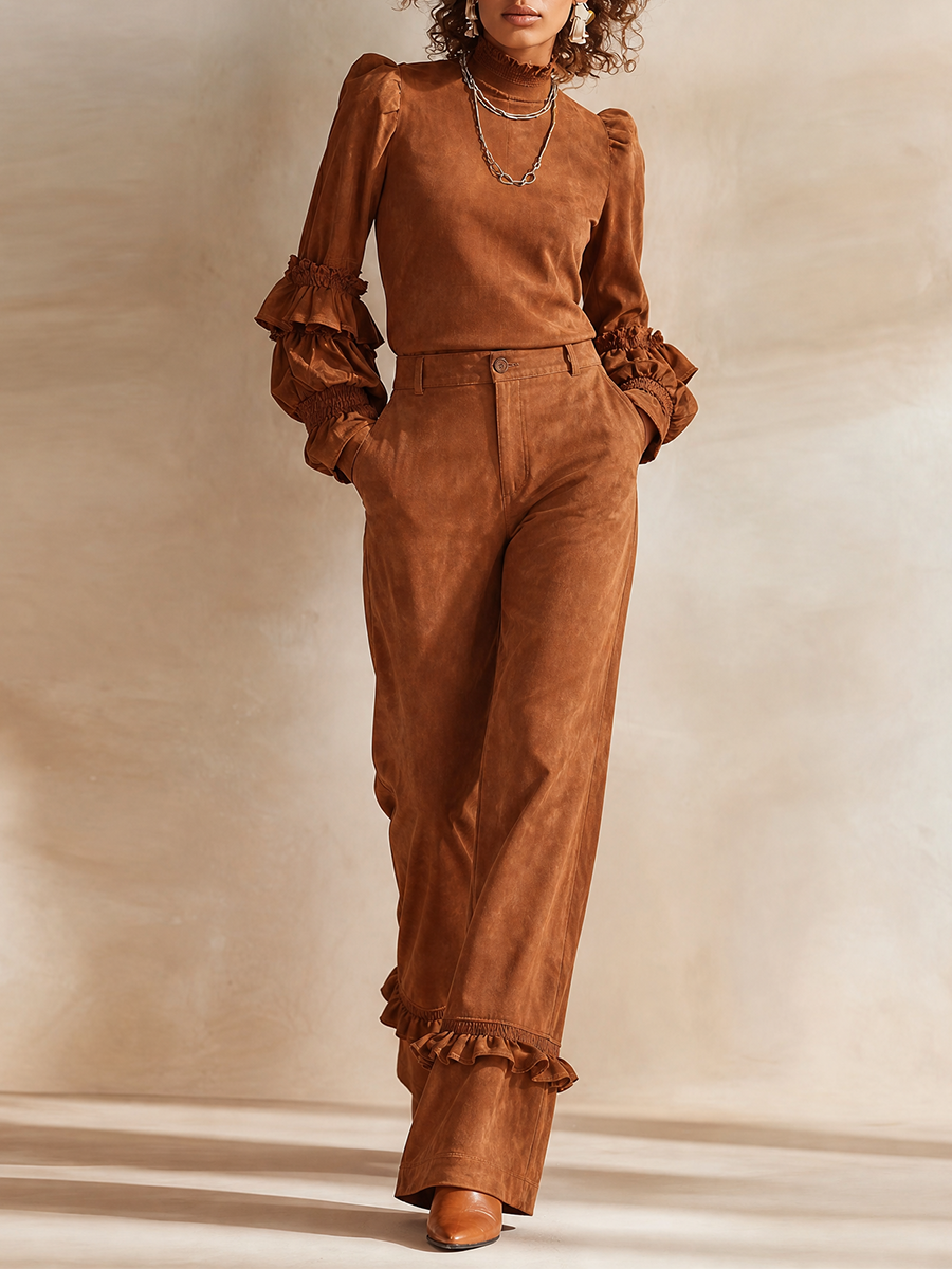 Women's High-Neck Ruffle-Sleeve Top & Ruffle-Hem High-Waisted Wide-Leg Trouser Set MDZ1114H5CMX