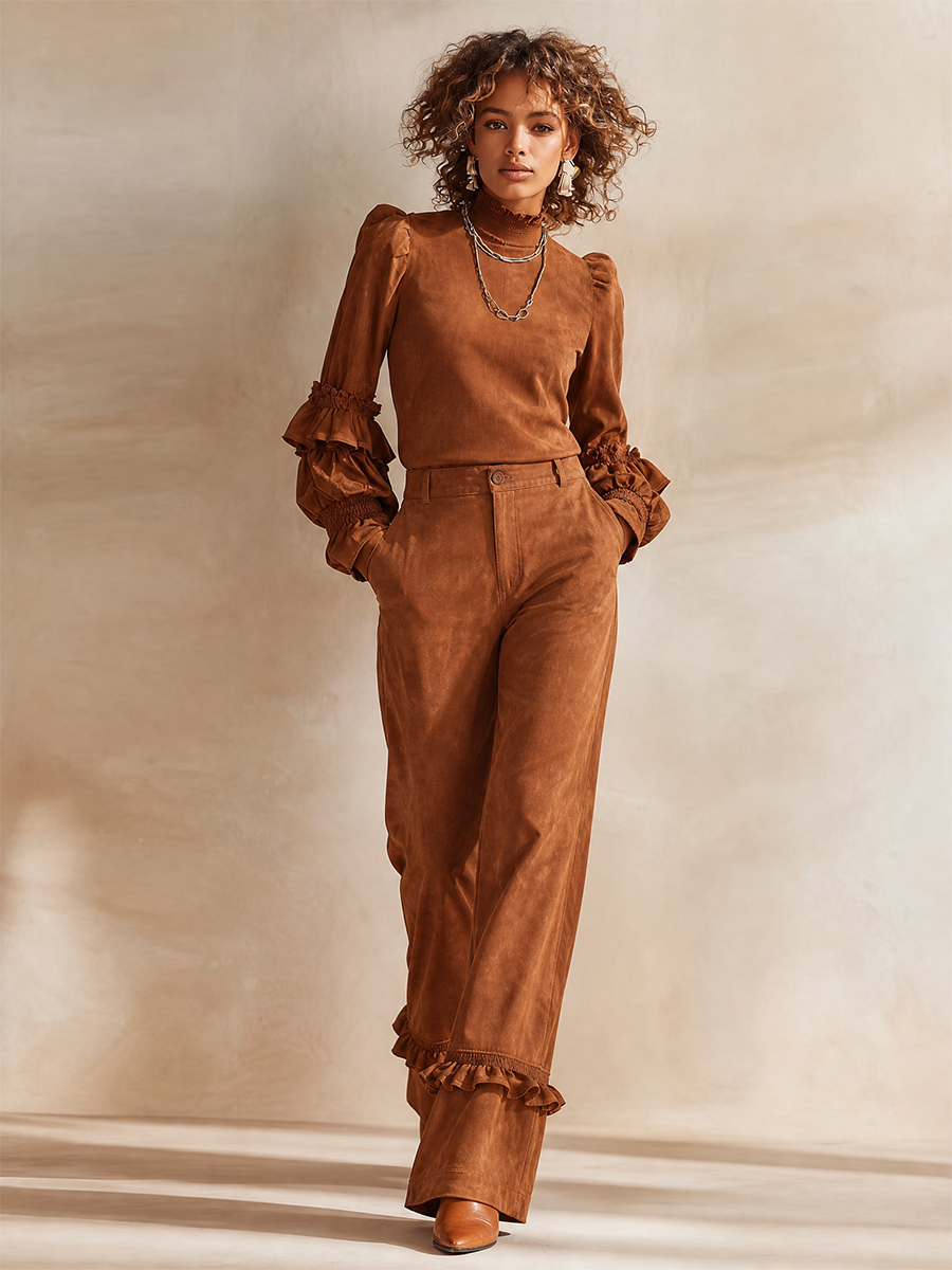 Women's High-Neck Ruffle-Sleeve Top & Ruffle-Hem High-Waisted Wide-Leg Trouser Set MDZ1114H5CMX