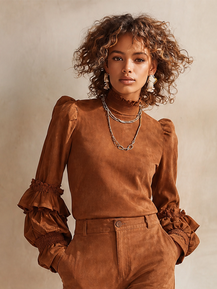 Women's High-Neck Ruffle-Sleeve Top & Ruffle-Hem High-Waisted Wide-Leg Trouser Set MDZ1114H5CMX
