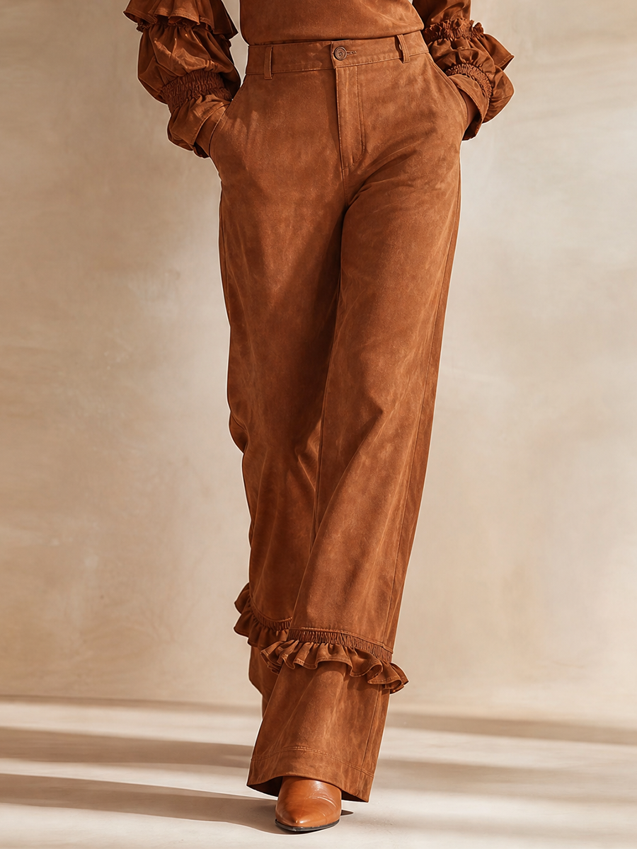 Women's High-Neck Ruffle-Sleeve Top & Ruffle-Hem High-Waisted Wide-Leg Trouser Set MDZ1114H5CMX
