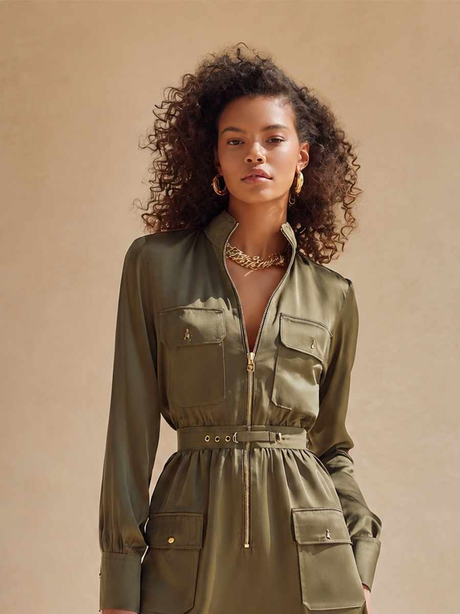 Women's Utility Stand-Collar Zip-Front Belted Long-Sleeve Cargo Mini Dress MDZ1142H6CMX