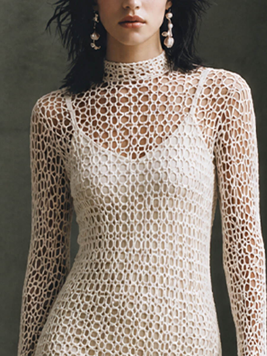 Women's Openwork Vacation Mock-Neck Dress Set MDZ1130H3GMJ