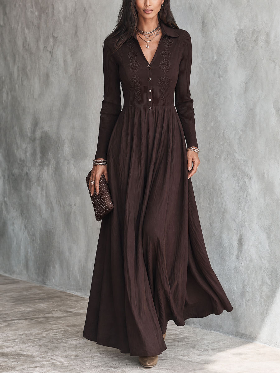 Women's Embroidered Elegant Collared Maxi Dress MDZ1107H0GMJ