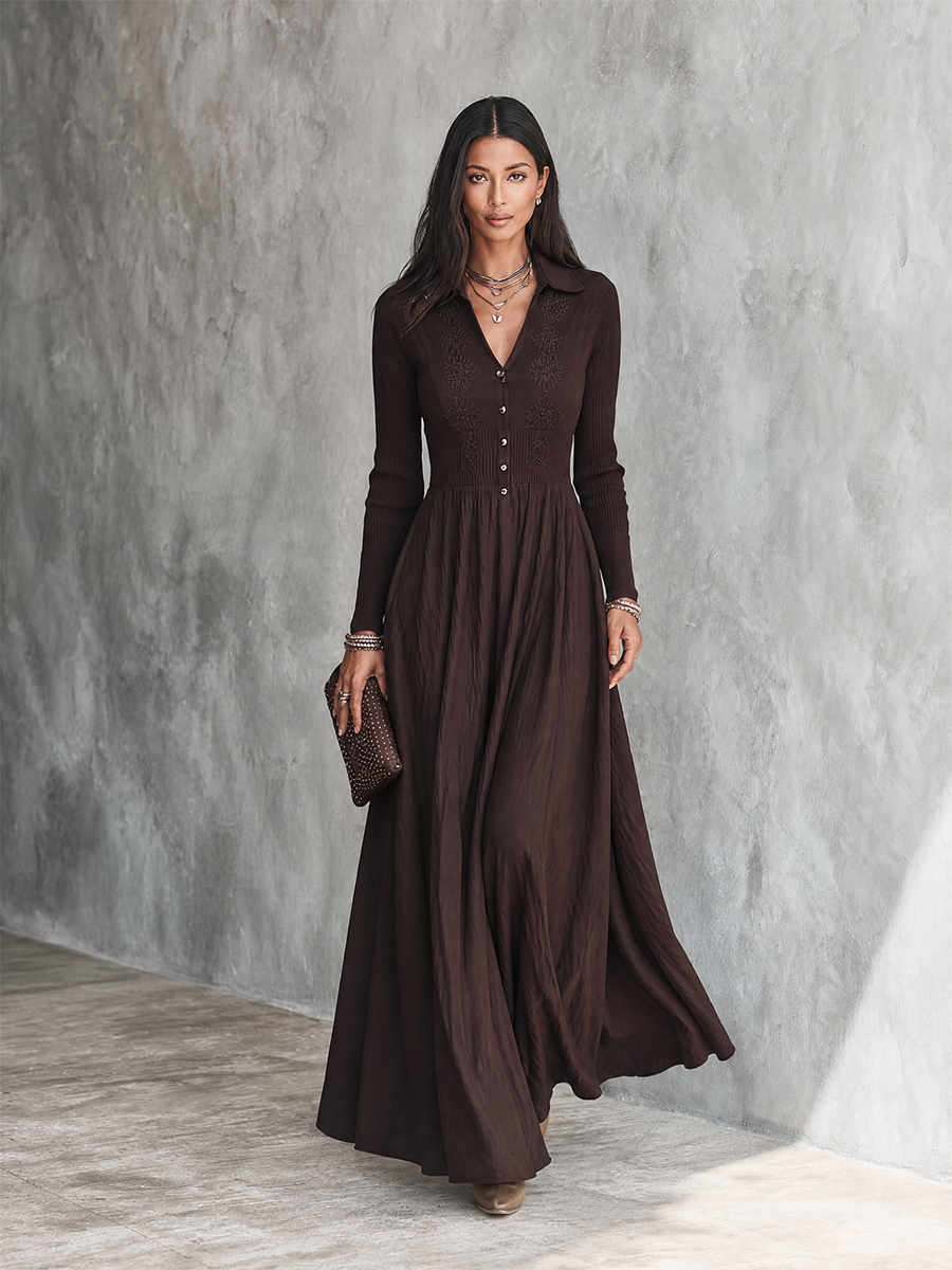 Women's Embroidered Elegant Collared Maxi Dress MDZ1107H0GMJ