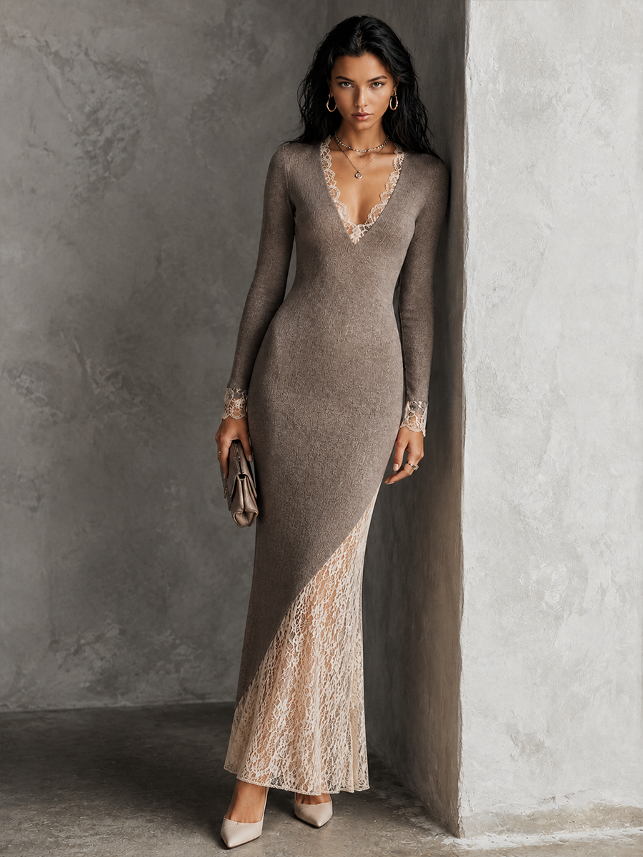 Women's Lace Panel Elegant Knit Maxi Dress MDZ1197H0GMJ