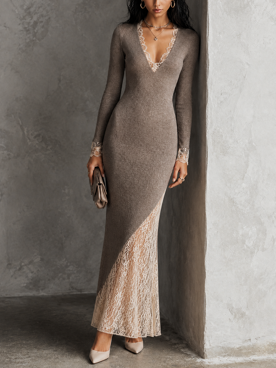 Women's Lace Panel Elegant Knit Maxi Dress MDZ1197H0GMJ