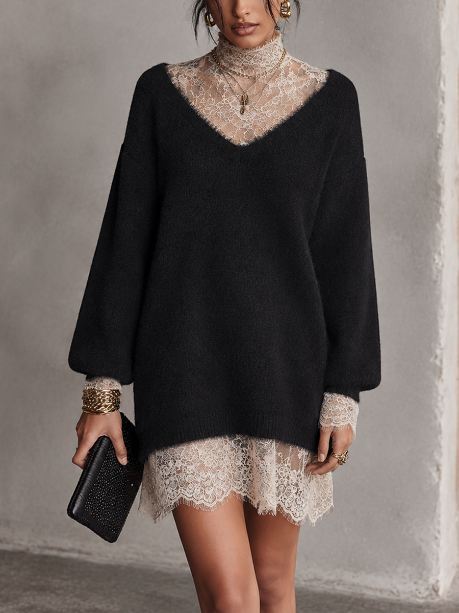 Women's Lace Trim Elegant Knit Mini Dress MDZ1111H8GMJ