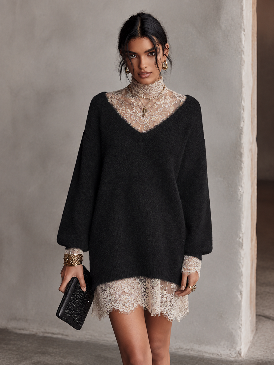 Women's Lace Trim Elegant Knit Mini Dress MDZ1111H8GMJ
