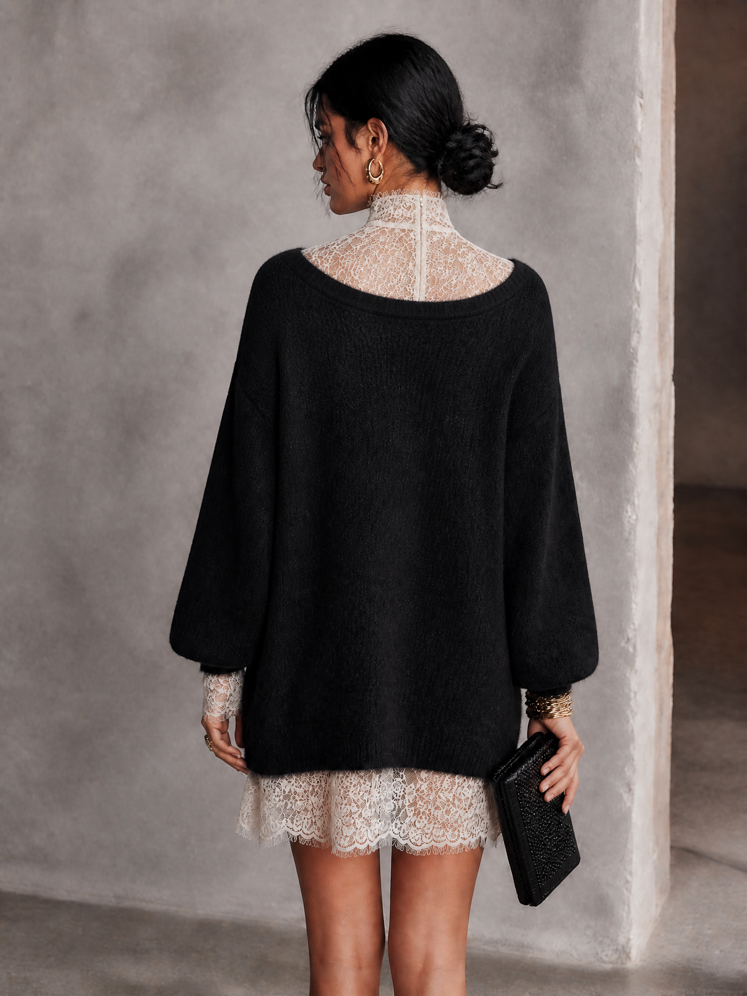 Women's Lace Trim Elegant Knit Mini Dress MDZ1111H8GMJ
