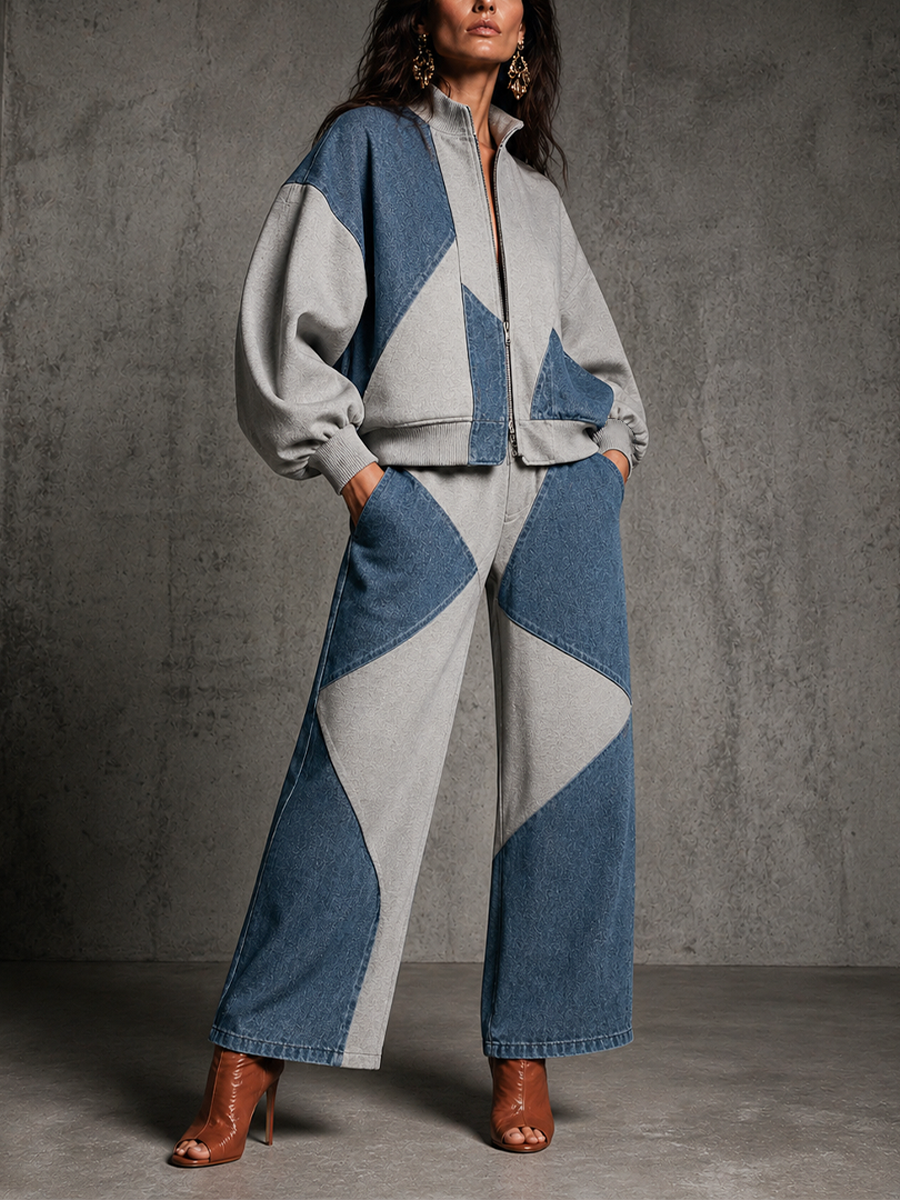 Women's Colorblock Casual Zip-Up Pants Set MDZ1191H1GMJ
