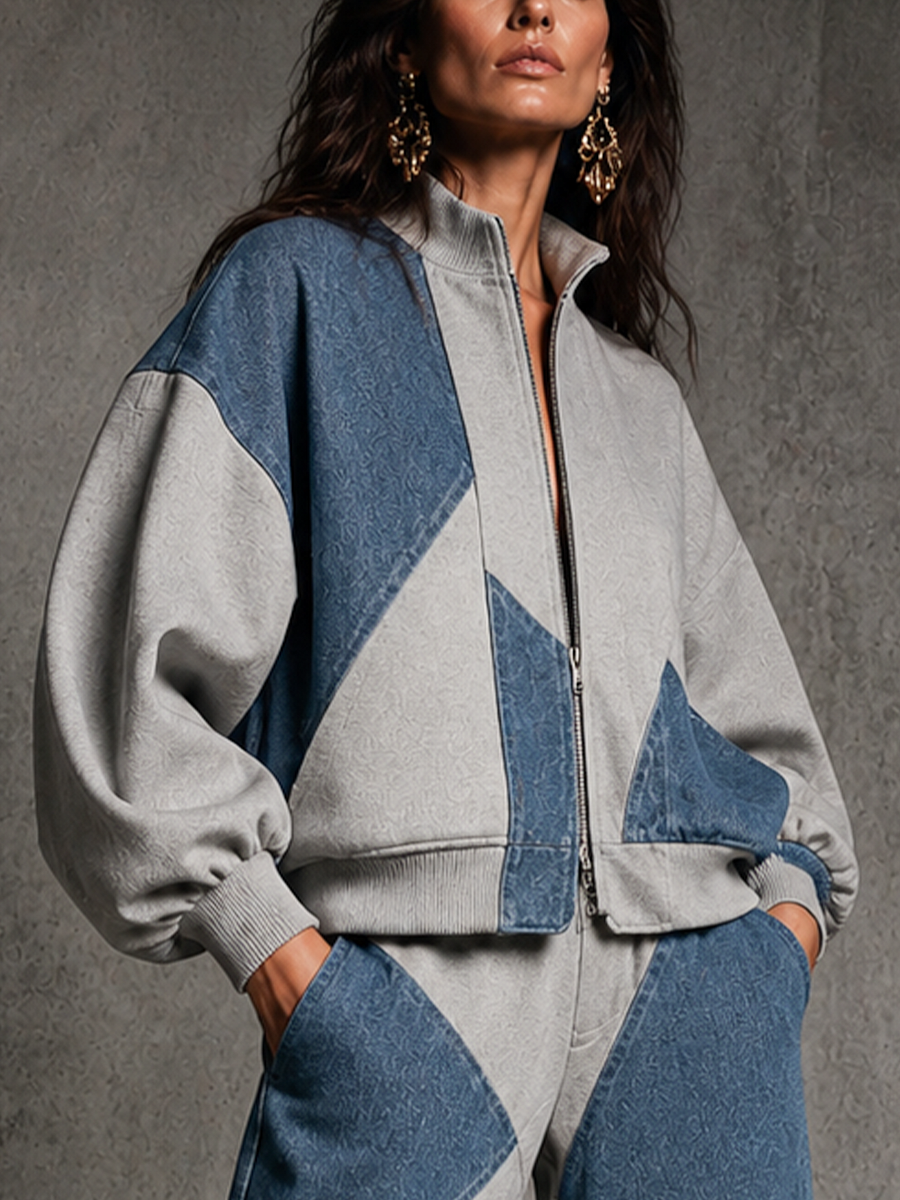 Women's Colorblock Casual Zip-Up Pants Set MDZ1191H1GMJ