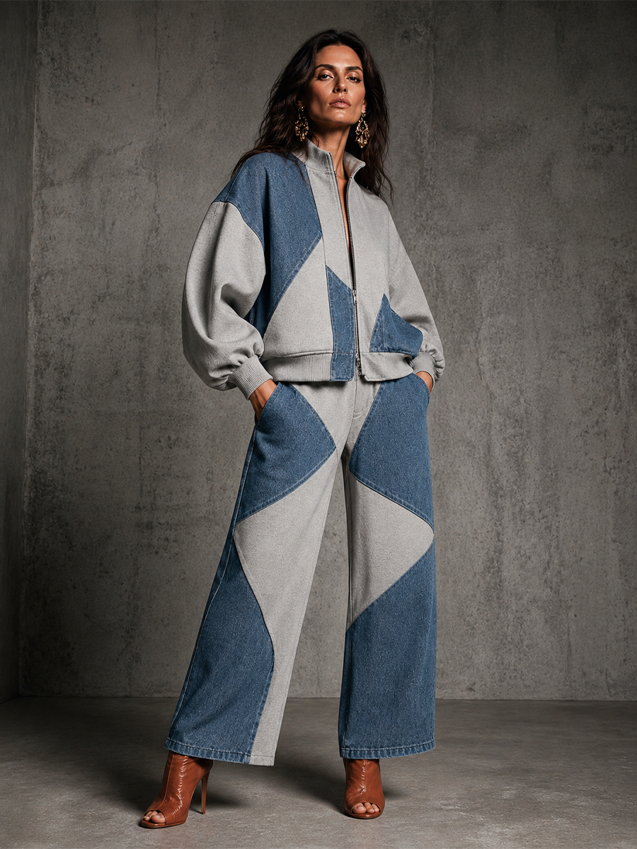 Women's Colorblock Casual Zip-Up Pants Set MDZ1191H1GMJ