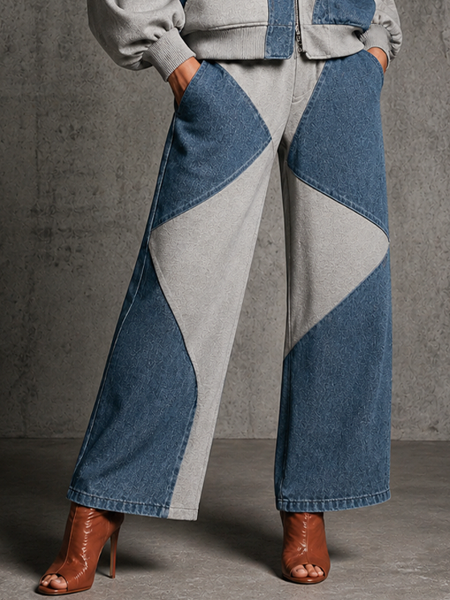 Women's Colorblock Casual Zip-Up Pants Set MDZ1191H1GMJ