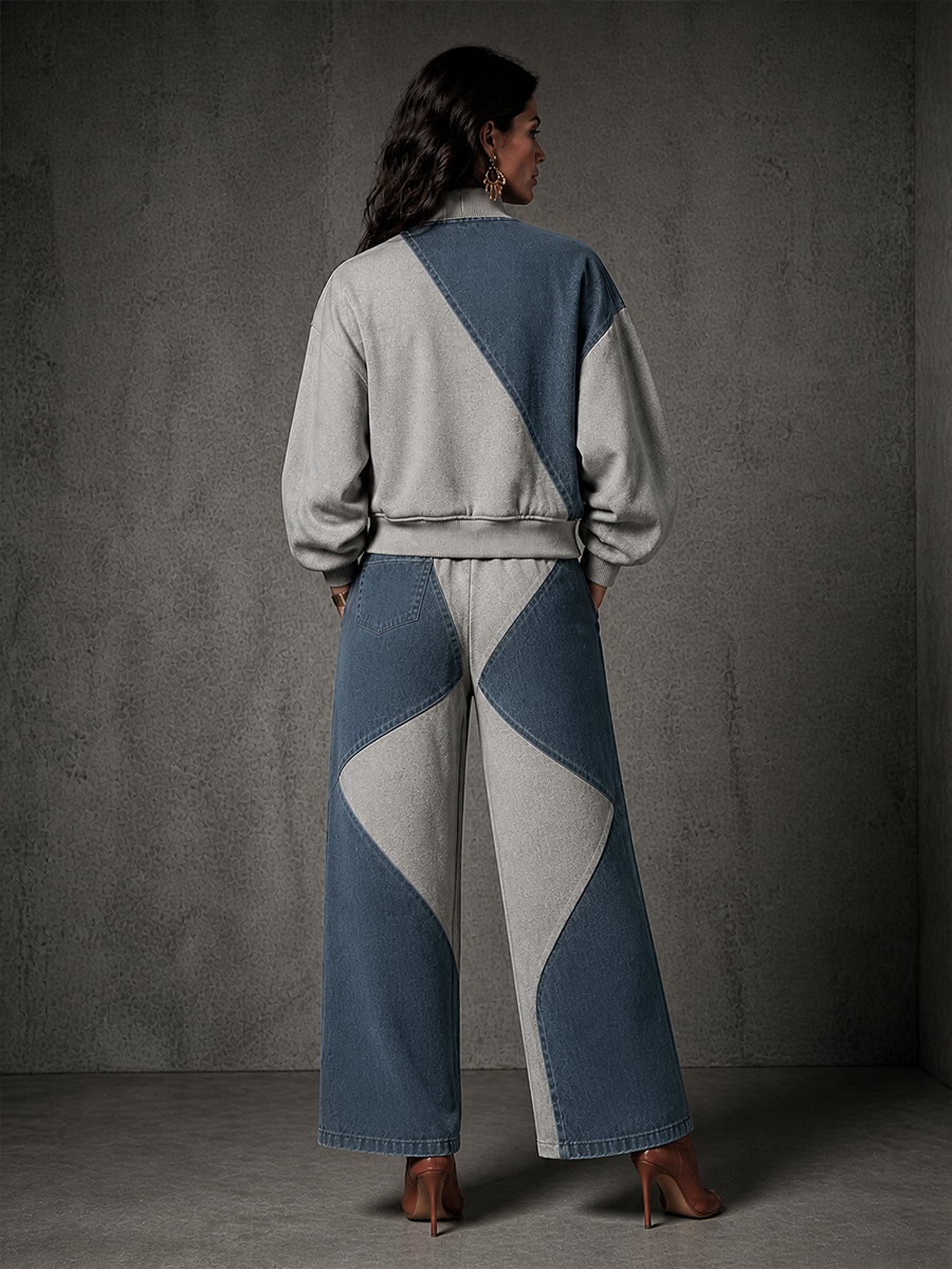 Women's Colorblock Casual Zip-Up Pants Set MDZ1191H1GMJ