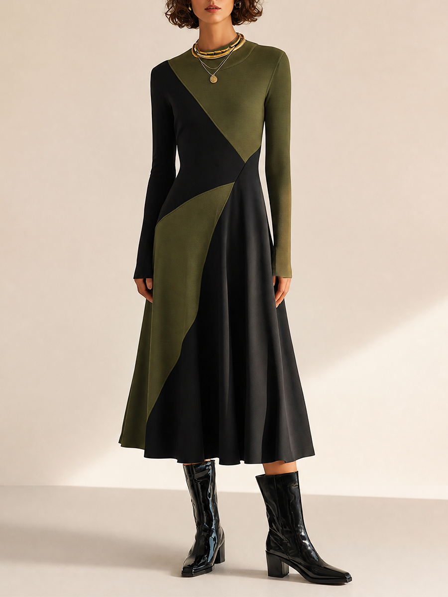 Women's Elegant Round-Neck Long-Sleeve Colorblock Belted A-Line Midi Dress MDZ1296H7CMX