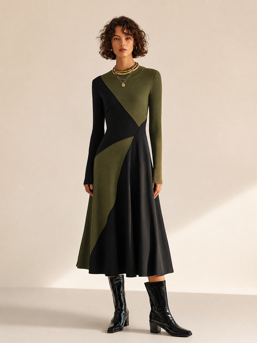 Women's Elegant Round-Neck Long-Sleeve Colorblock Belted A-Line Midi Dress MDZ1296H7CMX