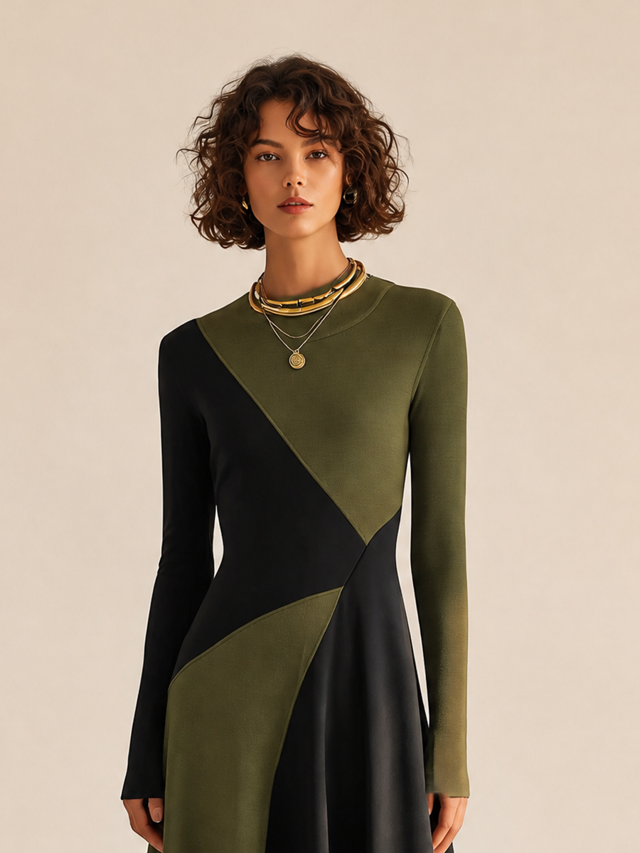 Women's Elegant Round-Neck Long-Sleeve Colorblock Belted A-Line Midi Dress MDZ1296H7CMX